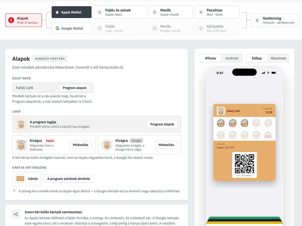 A ViniPass kártyatervezője: az Alapok lépés beállításai, jobbra az iPhone előnézet a Fahéj Café kártyájával
