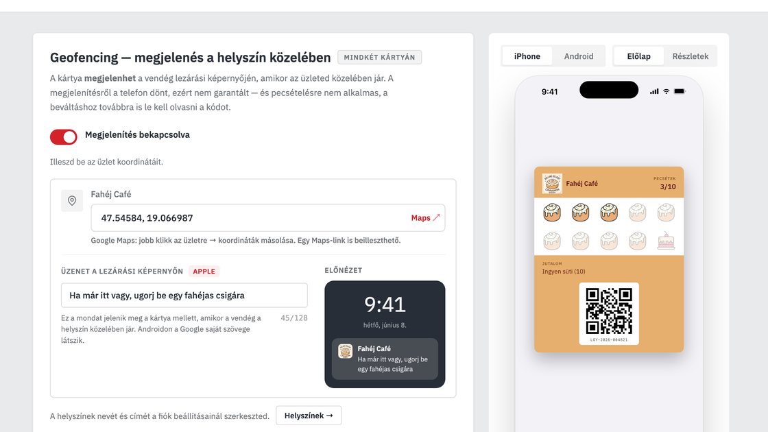 A kártyatervező Geofencing lépése: az üzlet koordinátái és a lezárási képernyő előnézete