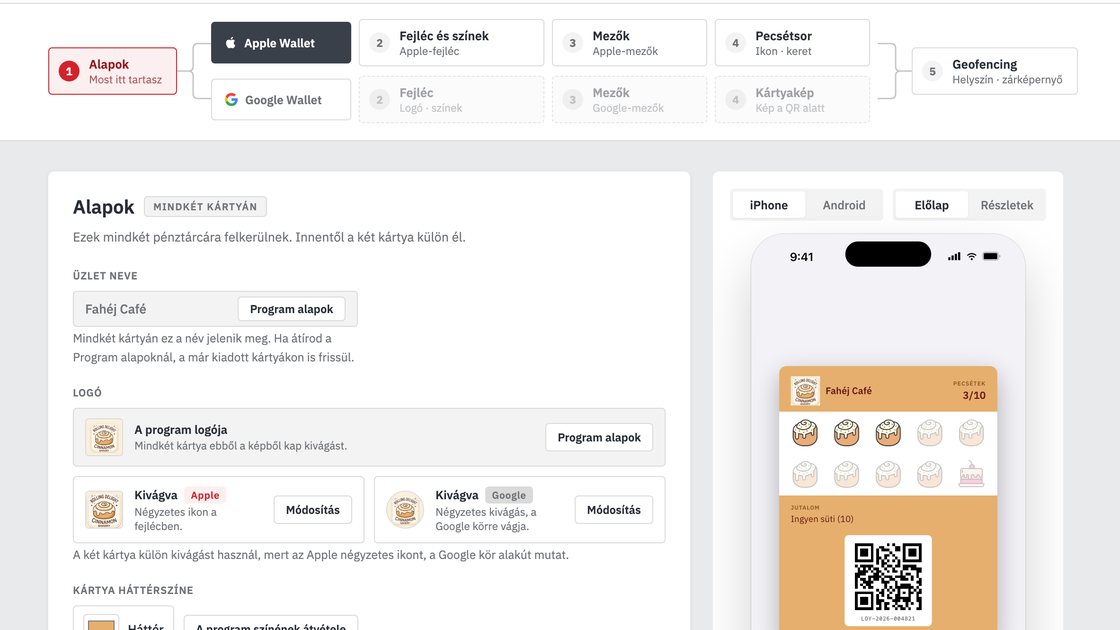 A Wallet kártya tervezője az adminban, jobbra az iPhone előnézet a Fahéj Café kártyájával