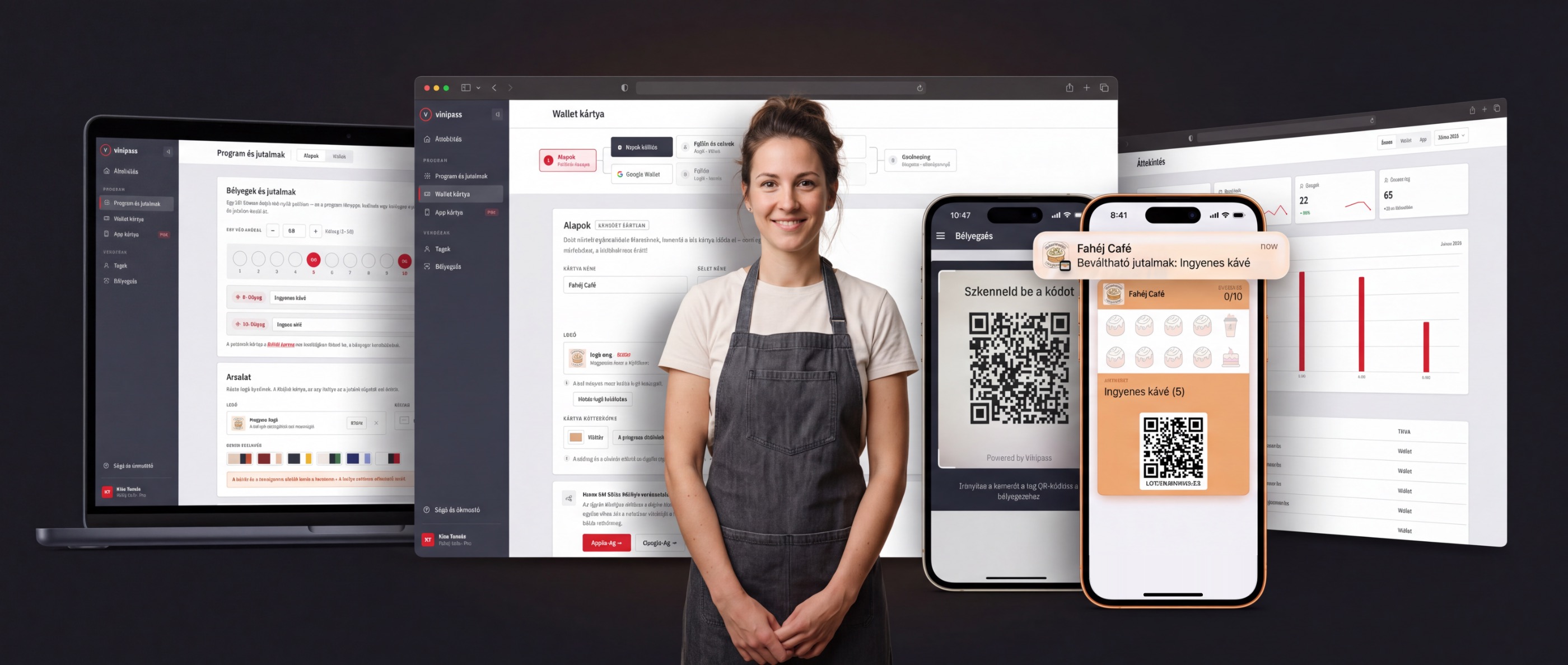 A ViniPass admin felülete: programbeállítás, Wallet-kártya tervező, pecsételés QR-kóddal, a vendég Apple Wallet kártyája és a statisztikák