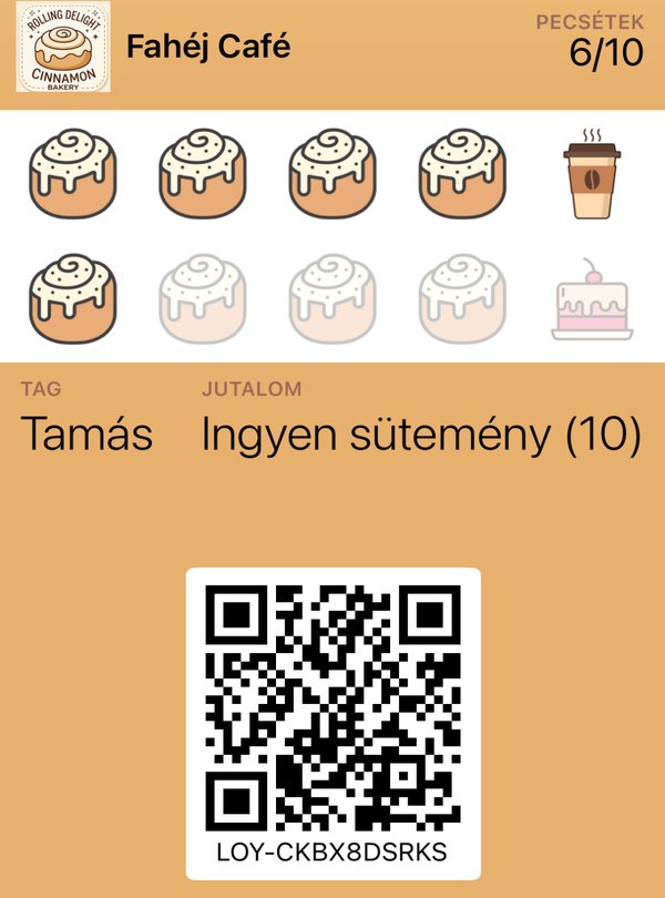 Fahéj Café pecsétgyűjtő kártyája az Apple Wallet tárcájában