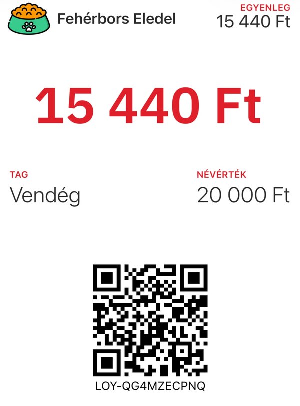 Fehérbors Eledel ajándékkártyája az Apple Wallet tárcájában