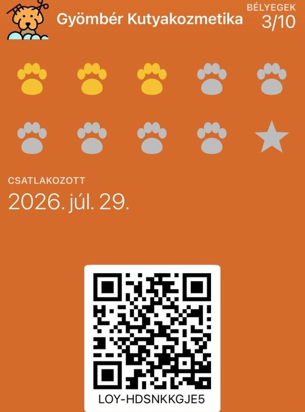 Gyömbér Kutyakozmetika pecsétgyűjtő kártyája az Apple Wallet tárcájában