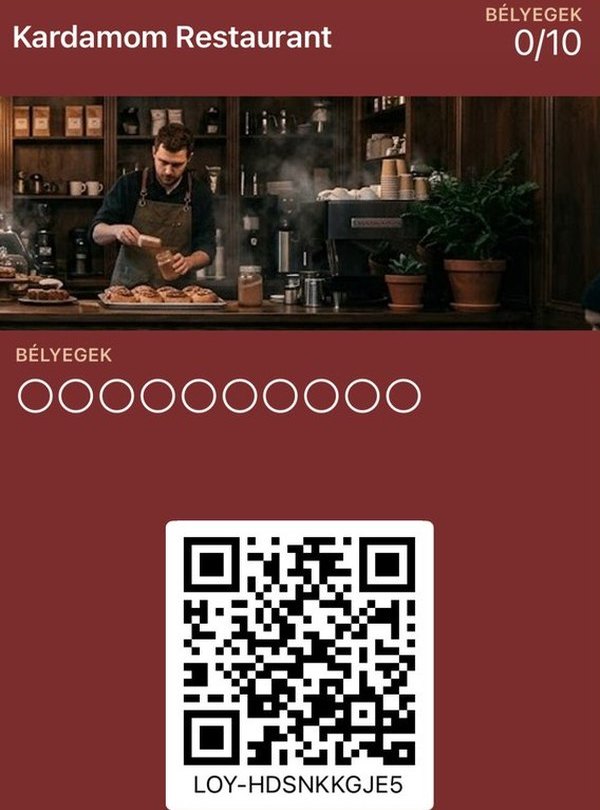 Kardamom Restaurant pecsétgyűjtő kártyája az Apple Wallet tárcájában