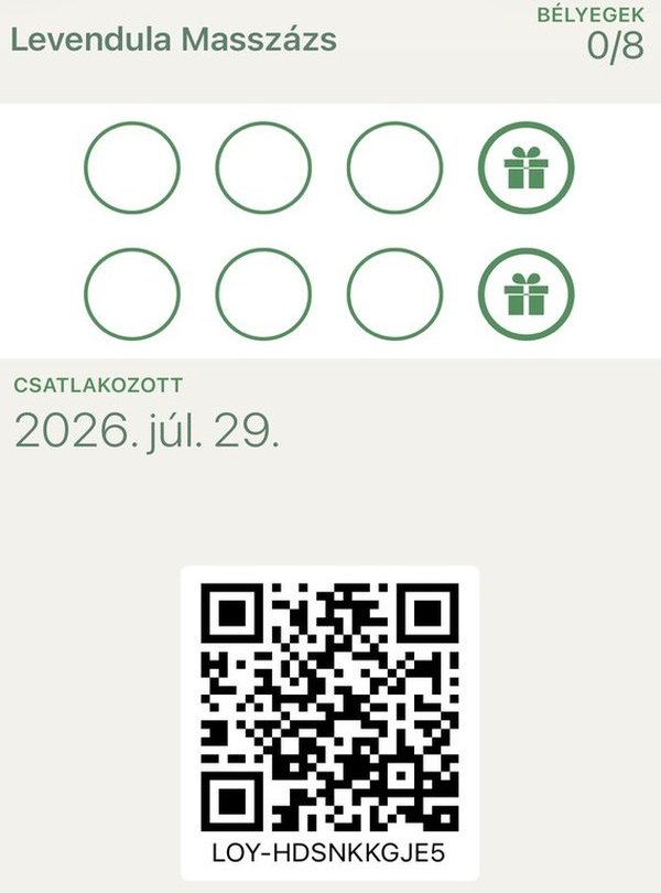 Levendula Masszázs pecsétgyűjtő kártyája az Apple Wallet tárcájában