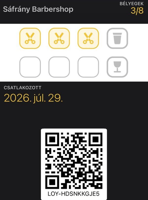 Sáfrány Barbershop pecsétgyűjtő kártyája az Apple Wallet tárcájában