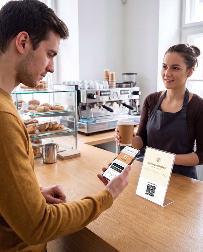 Vendég a kávézó pultjánál: a pulton álló plakát QR-kódját beolvasva a telefonján megjelenik a Fahéj Café kártyája, egy koppintással hozzáadható az Apple vagy a Google Wallethez