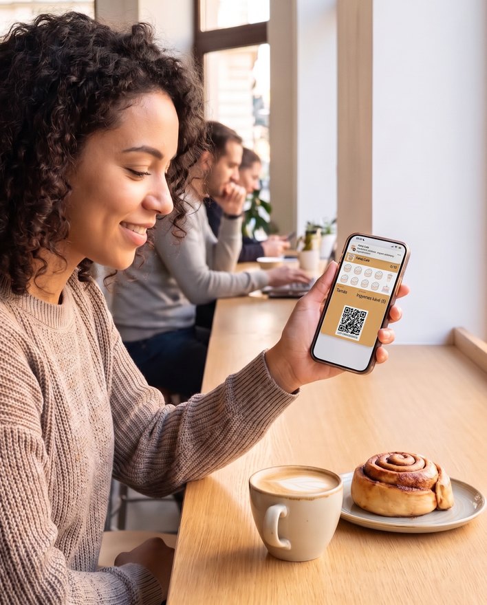 Vendég a kávézó pultjánál a kávéja és egy fahéjas csiga mellett a telefonját nézi: a Fahéj Café wallet-kártyája a pecsétek rácsával, az ingyen kávé jutalommal és a beolvasható QR-kóddal
