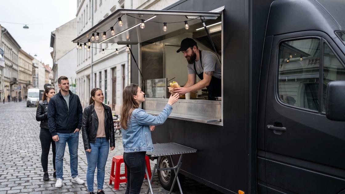 Food truck kiadóablaka egy budapesti utcán, a szakács szendvicset ad át egy vendégnek, mögötte sor