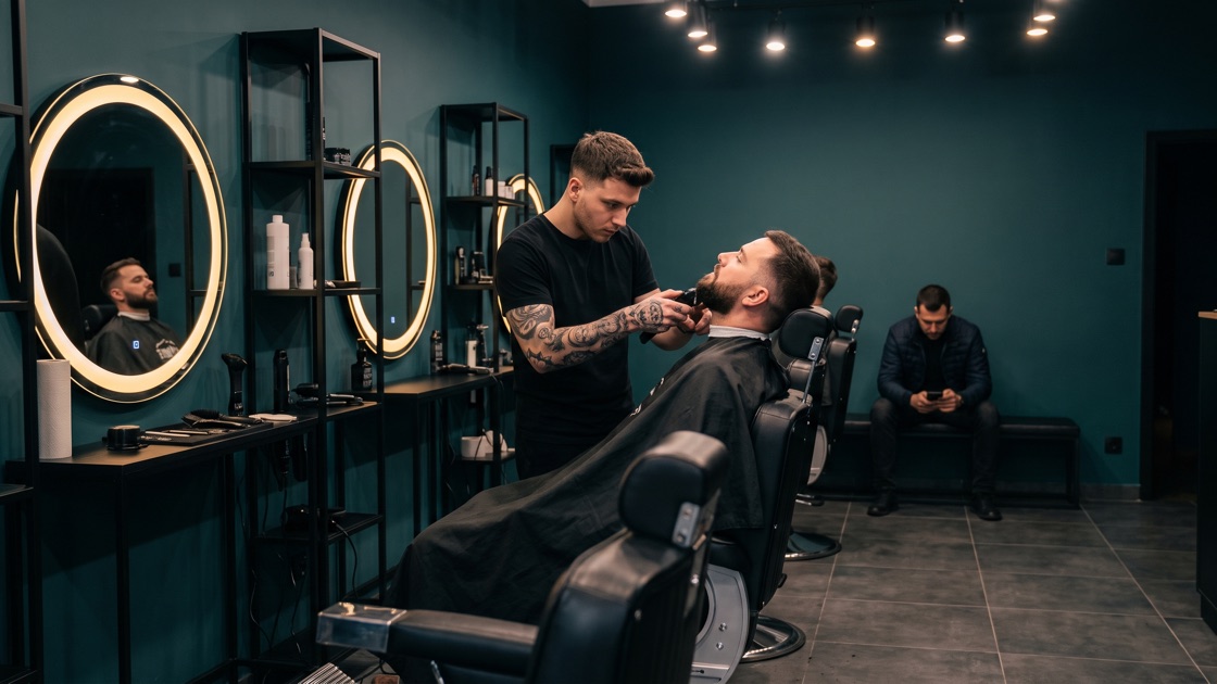Borbély szakállt igazít egy ülő vendégnek egy sötétzöld falú barbershopban